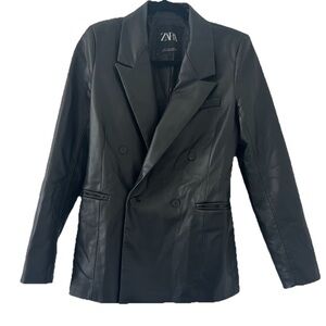 Zara Black Faux Leather double breasted fitted lapel collar Blazer Size S (0675)